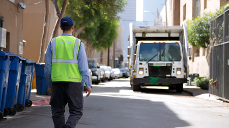 Worker walking in the street of Los Angeles, California, USAの素材
