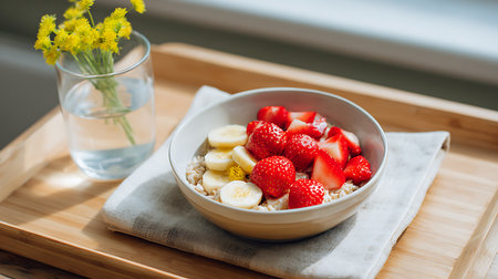Oatmeal porridge with fresh strawberries and banana in a bowl on a wooden trayの素材