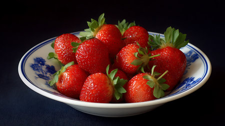 Strawberries in a bowl on a dark background, close-upの素材