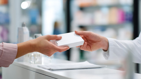 pharmacist giving medicine to customer in drugstore, closeupの素材
