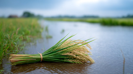 Rice seedlings on rice field in the rainy season in Thailandの素材