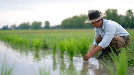 Farmer planting rice seedlings in the paddy field, Thailandの素材