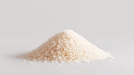 Heap of uncooked rice on white background, close-upの素材