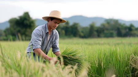 farmer working in rice field at countryside of Thailand, Asia.の素材