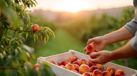 Farmer picking ripe peaches in his orchard, closeupの素材