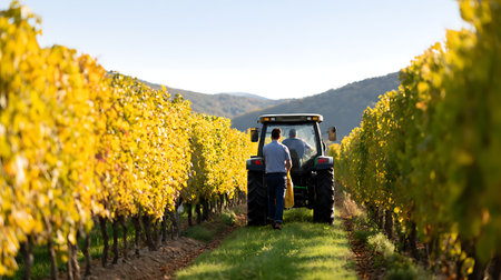 Rear view of young man driving tractor on vineyard in autumnの素材