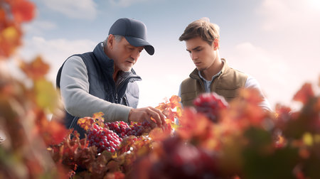 Two young men harvesting grapes in vineyard on sunny autumn day.の素材