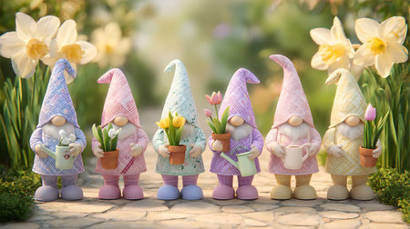 Garden gnomes with watering can and tulips on blurred backgroundの素材
