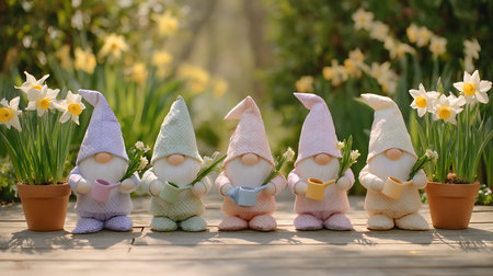 Garden gnomes with daffodils and narcissus flowersの素材