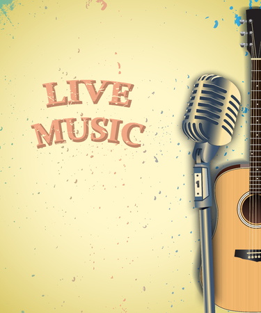 Music grunge background with retro microphone and guitarのイラスト素材