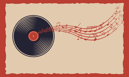 Vinyl with departing notes. Sound musical technology. Bannerのイラスト素材