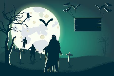 Halloween background with zombie on the full moonのイラスト素材