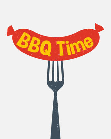 Sausage on a fork flat style design. Fast food concept. BBQのイラスト素材