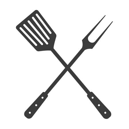 Grill tools icon. Crossed barbecue fork with spatula. Isolated on white background.のイラスト素材