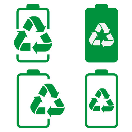 Set of green battery icons with recycle symbol isolated on white background.のイラスト素材