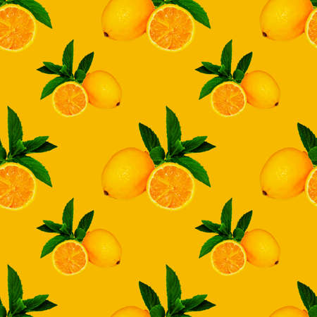 Large, square pattern with lemon and mint leaves on an orange background, for design and advertisingの写真素材