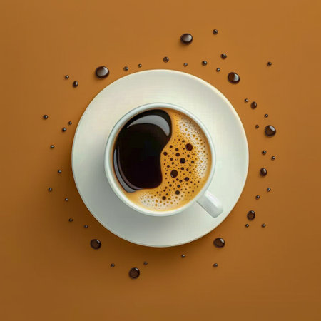 cup of coffee on orange background, top view.の写真素材