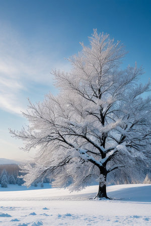 Icy tree close-up against blue skyの素材