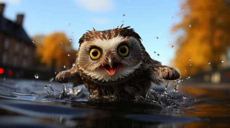 A small owlet flies over the surface of the waterの素材