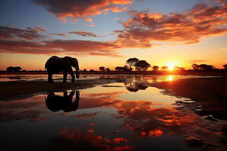 Elephant meets the dawn by the riverの素材