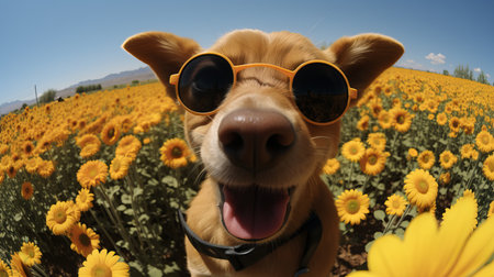 Satisfied dog in black glasses against a background of sunflowersの素材