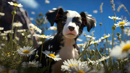 Black and white dog against a background of daisies and blue skyの素材