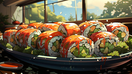 sushi set close-up top view in the form of an advertisementの素材