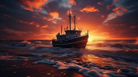 Fishing boat on the open seaの素材