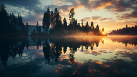 Beautiful sunrise against the backdrop of a lake and forestの素材