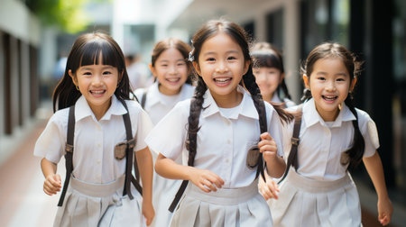 Girls of Asian appearance run to schoolの素材