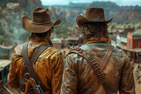Two brave cowboys ready for exciting adventures in the wild west and exploring the frontier.の素材