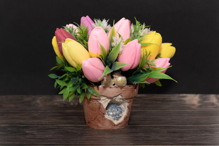 multicolored bouquet close-up on dark backgroundの写真素材