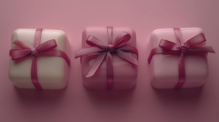 Charming display of three twine bowed soap bars against a soft pink pastel backdropの素材