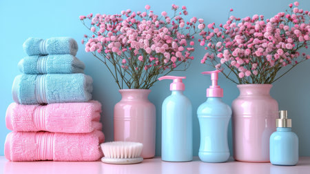 Elegant spa set displayed on soft pastel background for a serene and relaxing atmosphereの素材
