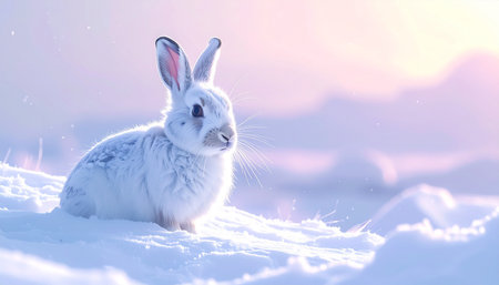 Arctic hare in snow, soft pastel light, wide-angle view, realistic fur, minimalistic.の素材