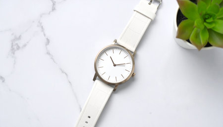 Wristwatch and minimal jewelry on marble, lifestyle shot.の素材