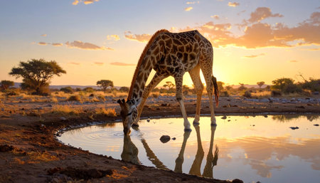Giraffe bending its neck to drink.の素材
