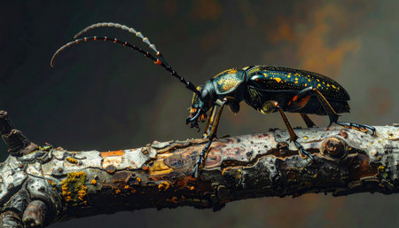 Longhorn beetle crawling on dry twig, dramatic shallow depth, cinematic lighting.の素材