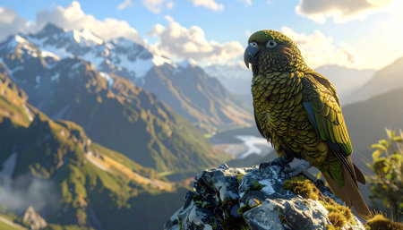 Kea parrot perched on rocky mountain ridge in New Zealand, soft light, sharp detail.の素材