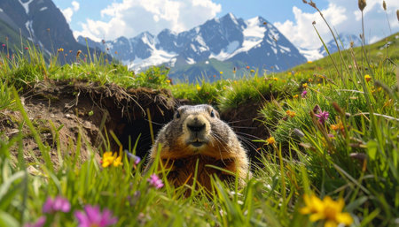 Marmot peeking from burrow in alpine grass.の素材