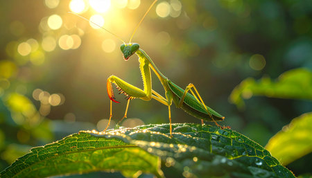 Praying mantis standing on green leaf, forelegs raised, dramatic backlight.の素材