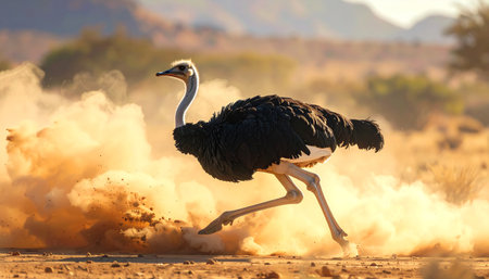 Ostrich running across dusty savanna, blurred motion effect, wide shot.の素材