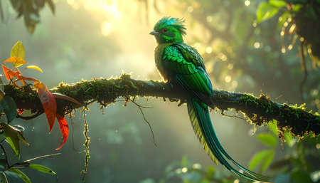 Resplendent quetzal resting on vine in misty rainforest, soft morning light.の素材