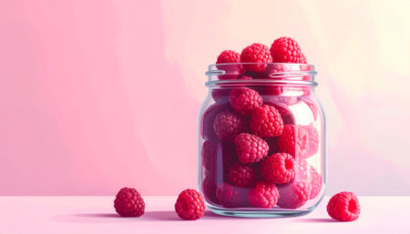 Raspberries in clear glass jar on plain soft pink background.の素材