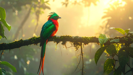 Resplendent quetzal resting on vine in misty rainforest, soft morning light.の素材