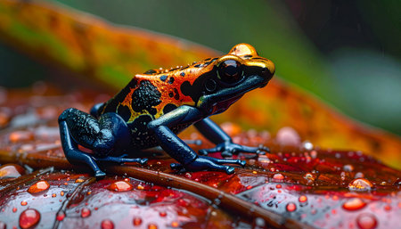 Poison dart frog on wet leaf, soft diffused light, macro wide-angle, realistic texture.の素材