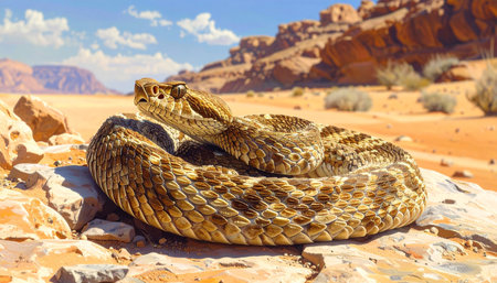 Rattlesnake coiled on hot desert stone.の素材
