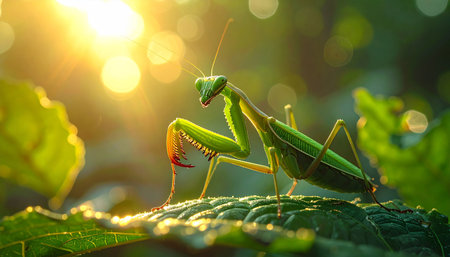 Praying mantis standing on green leaf, forelegs raised, dramatic backlight.の素材