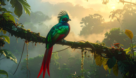 Resplendent quetzal resting on vine in misty rainforest, soft morning light.の素材