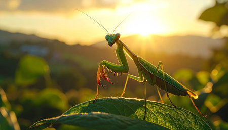 Praying mantis standing on green leaf, forelegs raised, dramatic backlight.の素材
